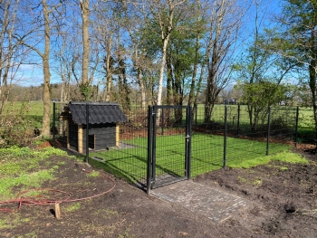 Dierenverblijf van dubbelstaafmat hekwerk in Eesveen Dierenverblijf van dubbelstaafmat hekwerk en looppoort geplaatst in Eesveen